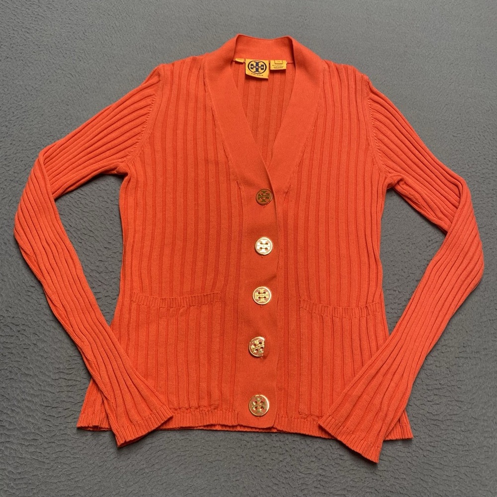 Tory Burch Sweater Cardigan Womens XS Orange Ribbed Knit Logo Button Cotton